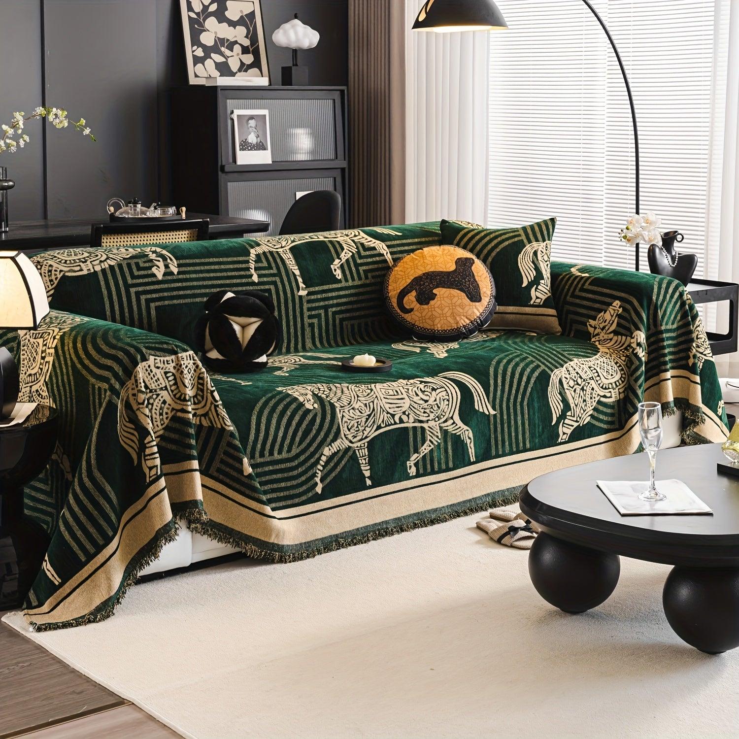 Luxurious Chenille Horse Design Sofa Cover Decor in Orange & Green