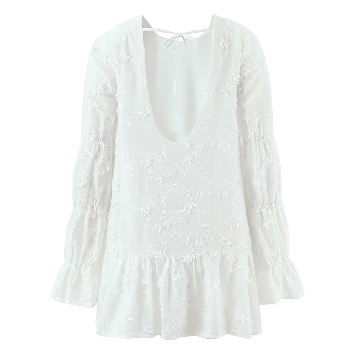 Embroidery Floral Backless Horse Hoof Sleeve Dress