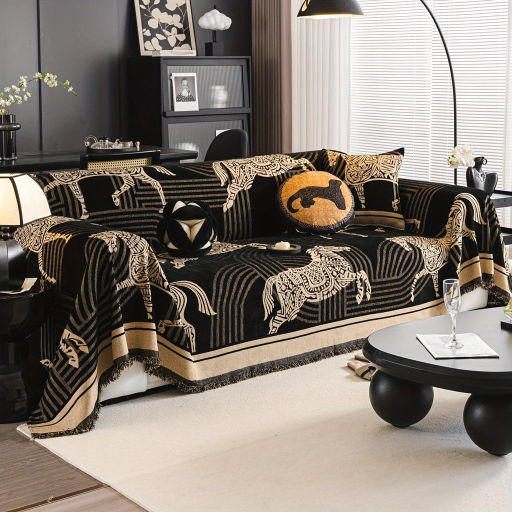 Luxurious Chenille Horse Design Sofa Cover Decor in Orange & Green