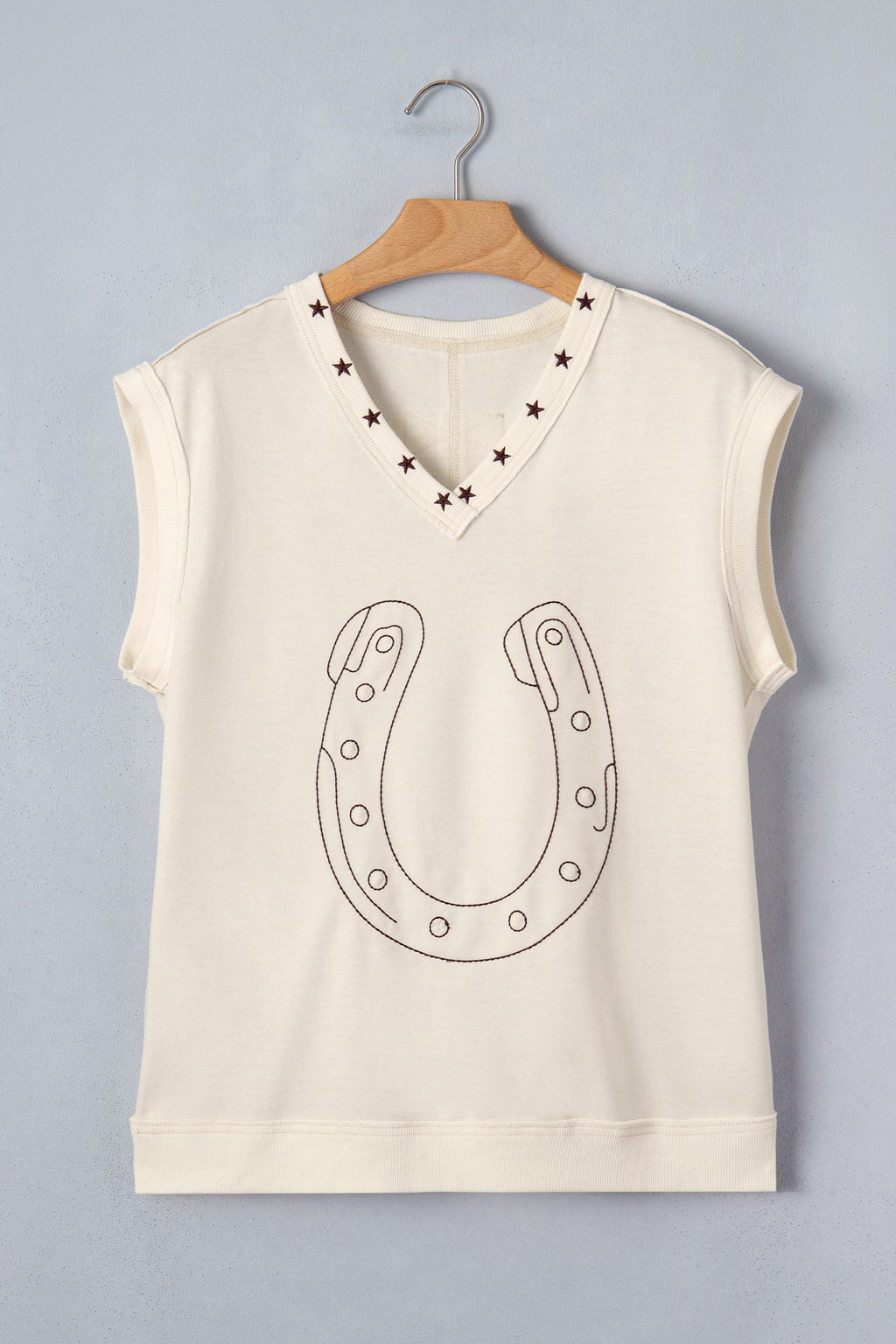 Embroidered Horseshoe Star Trim V-Neck Tank Top