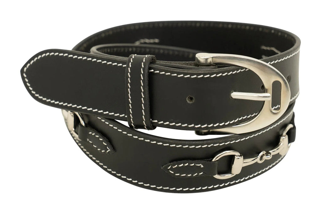 Ladies Stirrup Buckle, Snaffle Bit, 1.5" Inch Width Leather Belt, Black