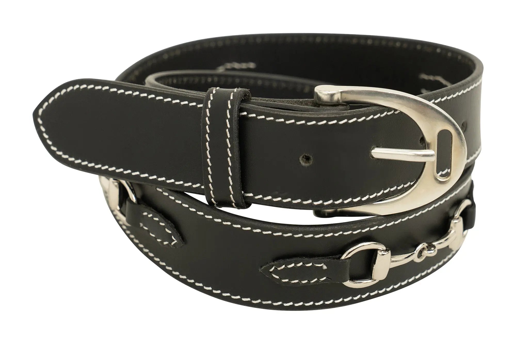 Ladies Stirrup Buckle, Snaffle Bit, 1.5" Inch Width Leather Belt, Black
