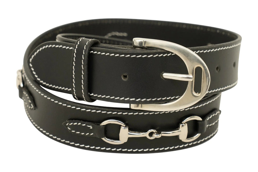 Ladies Stirrup Buckle, Snaffle Bit, 1.5" Inch Width Leather Belt, Black