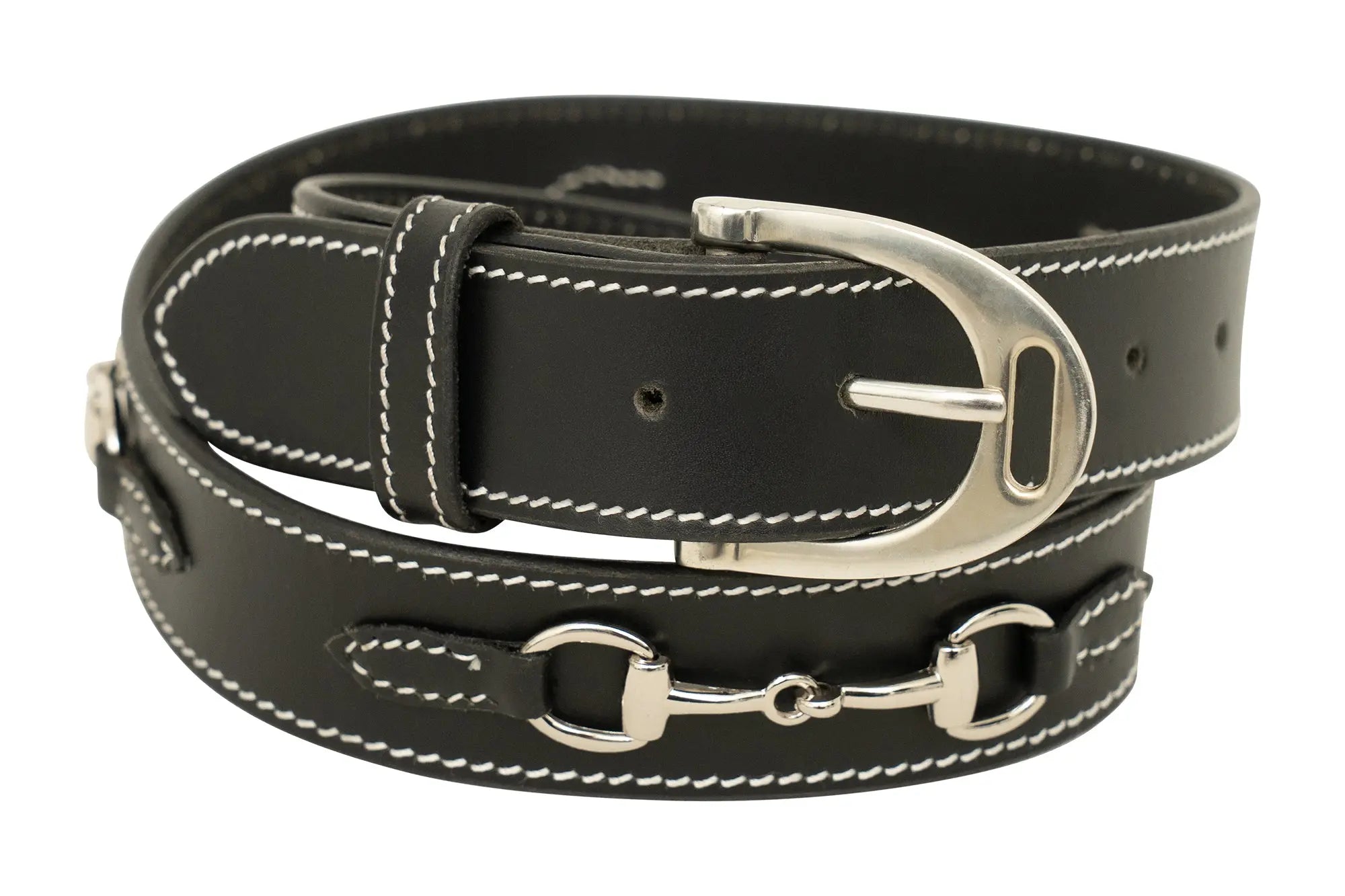 Ladies Stirrup Buckle, Snaffle Bit, 1.5" Inch Width Leather Belt, Black