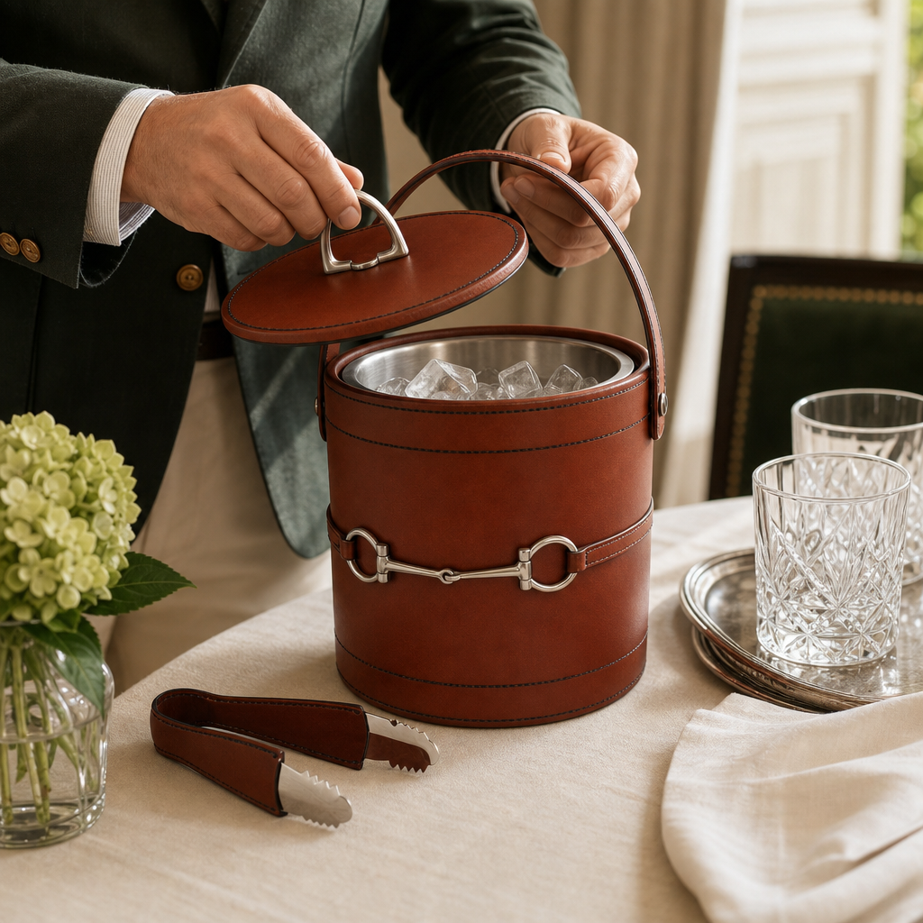 Premium Genuine Leather Bit Lidded Ice Bucket