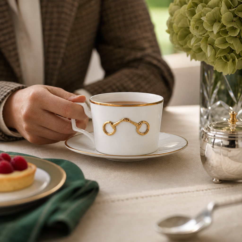 Gold Bit Bone China Cup and Saucer Gold Rim