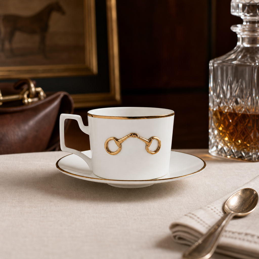 Gold Bit Bone China Cup and Saucer Gold Rim