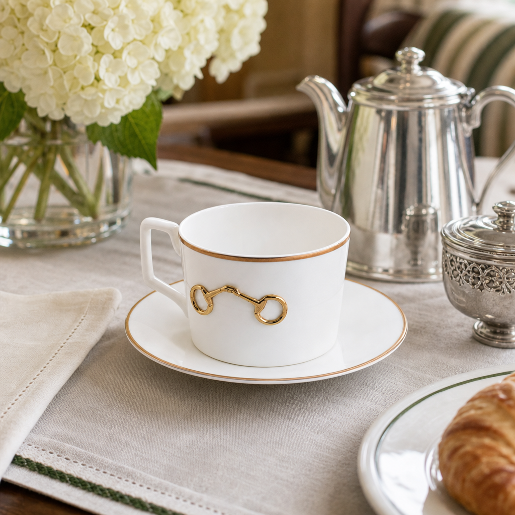 Gold Bit Bone China Cup and Saucer Gold Rim