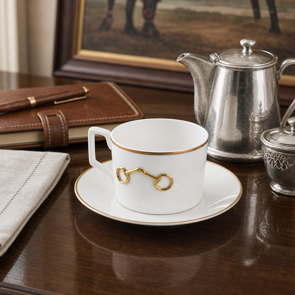 Gold Bit Bone China Cup and Saucer Gold Rim
