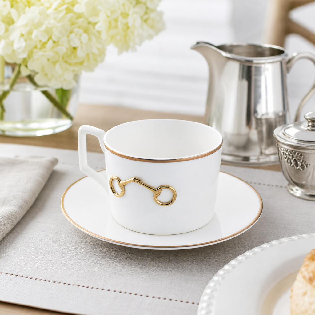 Gold Bit Bone China Cup and Saucer Gold Rim