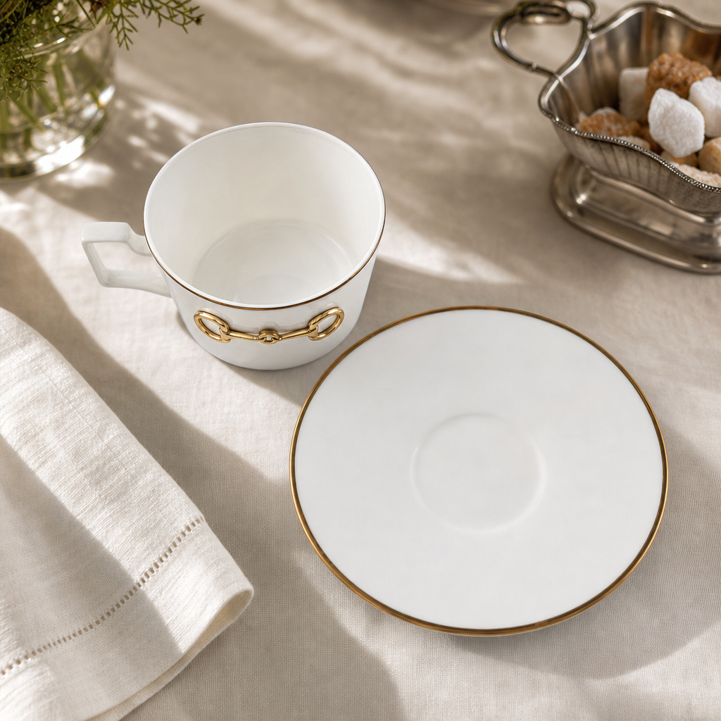 Gold Bit Bone China Cup and Saucer Gold Rim
