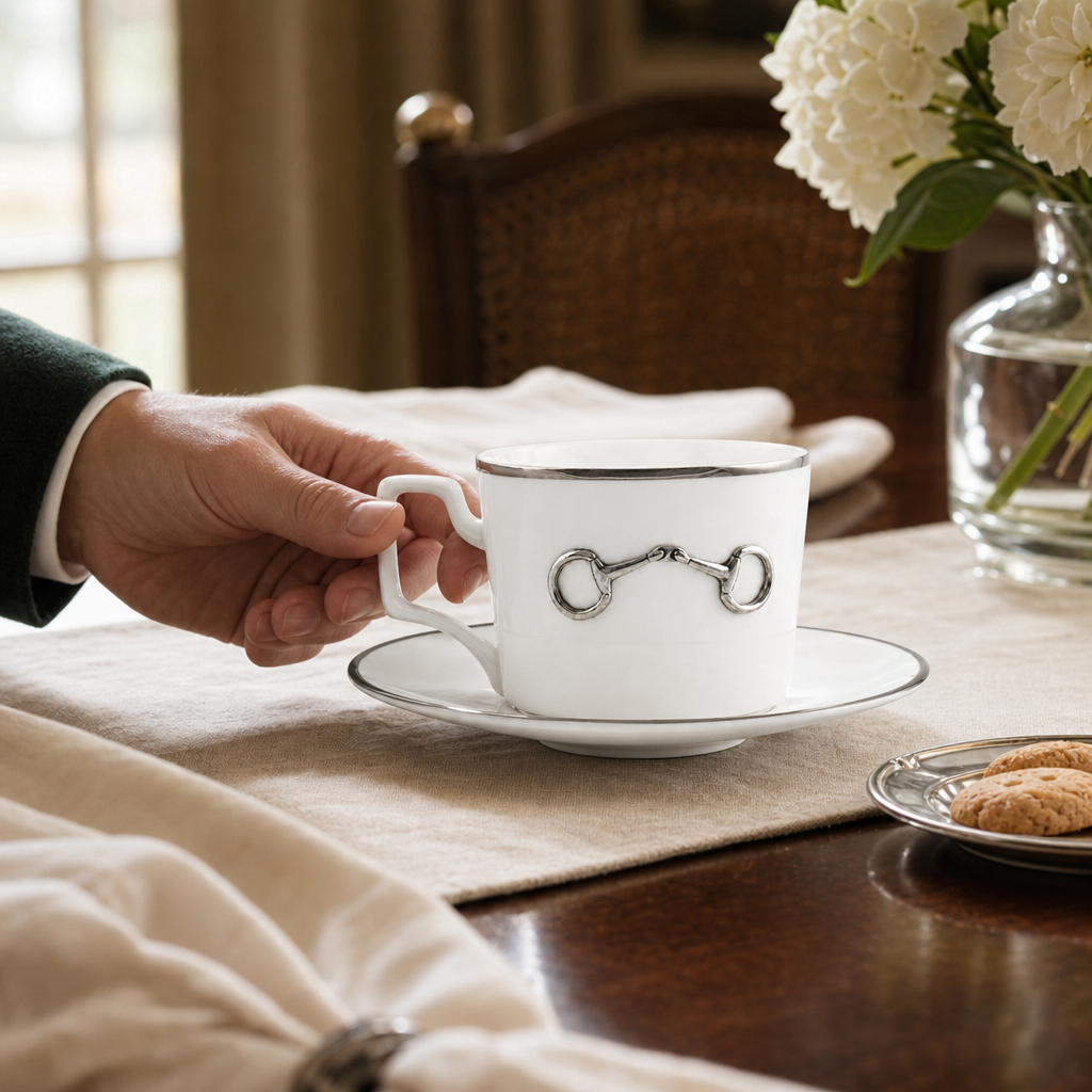 Pewter Bit Bone China Cup and Saucer Platinum Rim