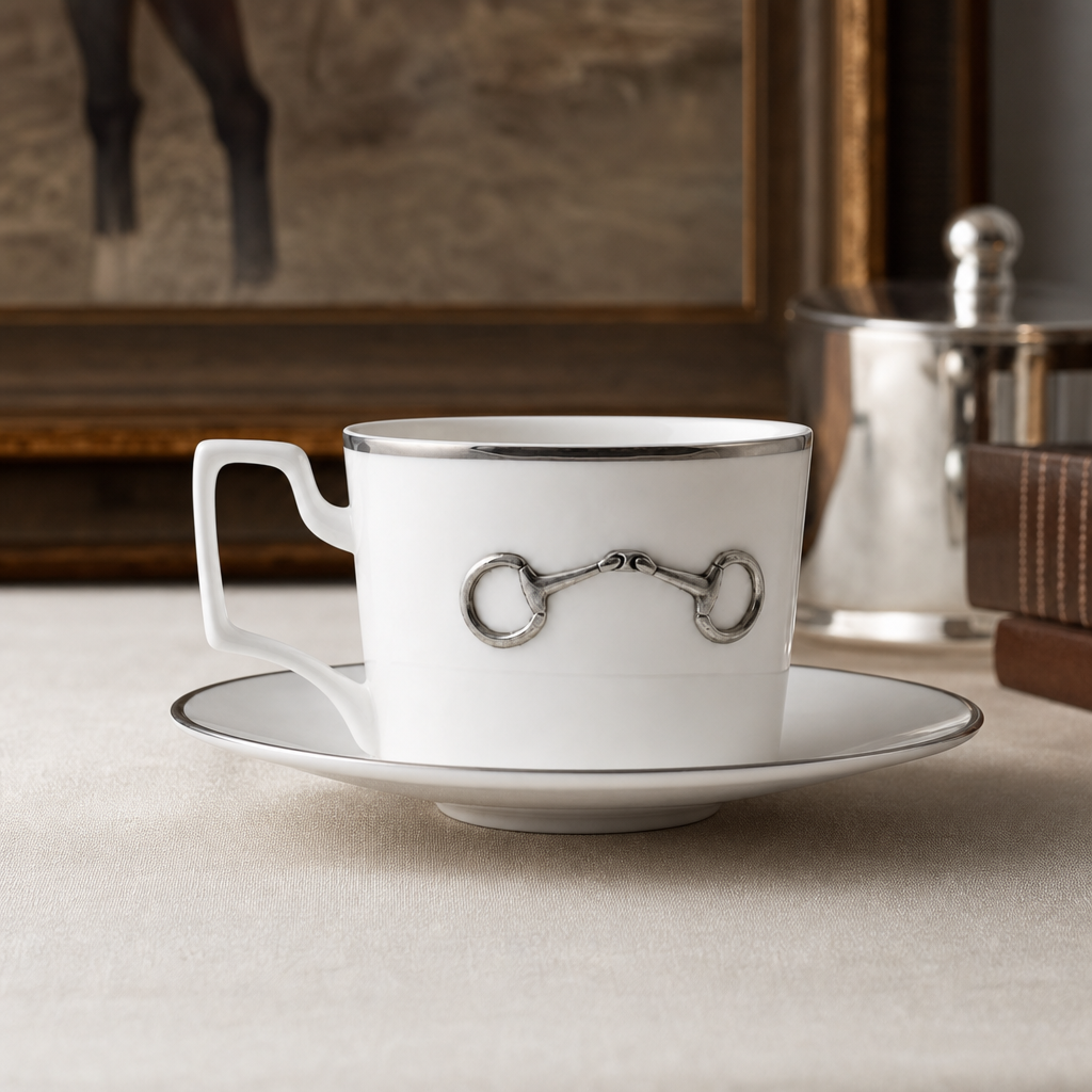 Pewter Bit Bone China Cup and Saucer Platinum Rim