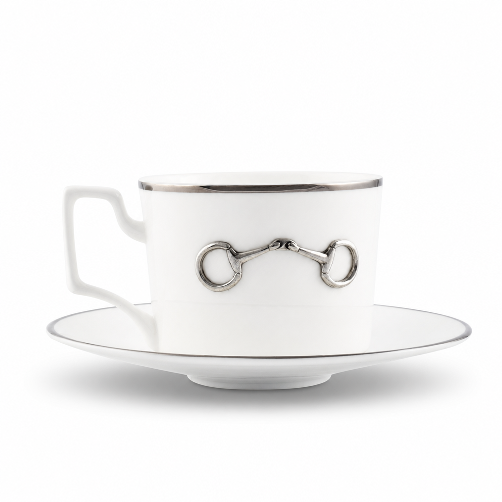 Pewter Bit Bone China Cup and Saucer Platinum Rim