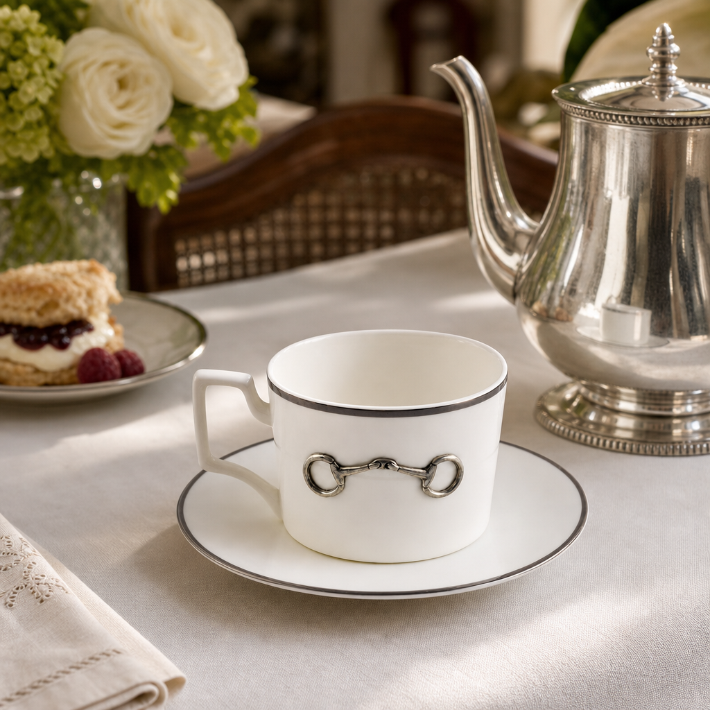 Pewter Bit Bone China Cup and Saucer Platinum Rim
