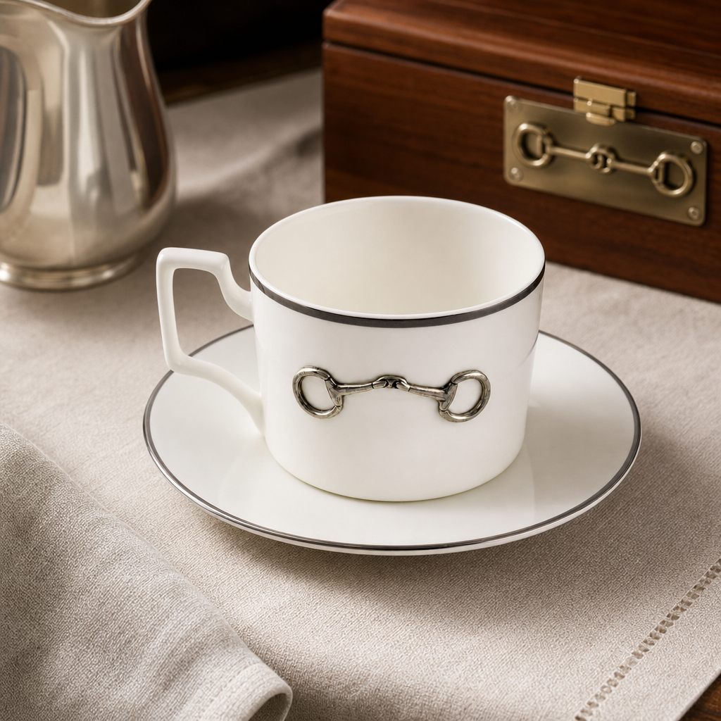 Pewter Bit Bone China Cup and Saucer Platinum Rim
