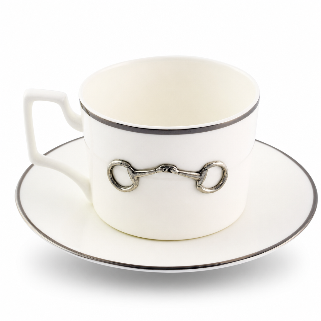 Pewter Bit Bone China Cup and Saucer Platinum Rim