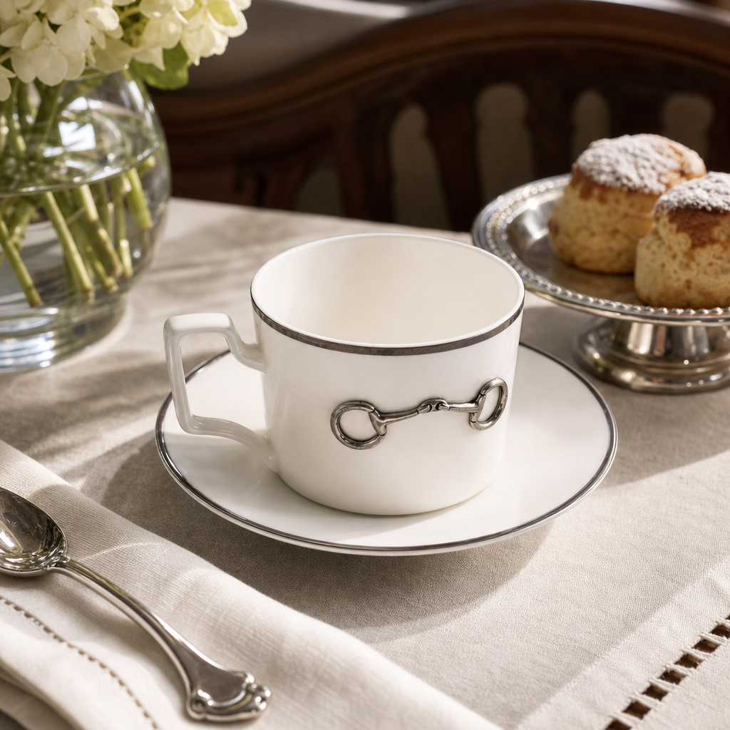 Pewter Bit Bone China Cup and Saucer Platinum Rim