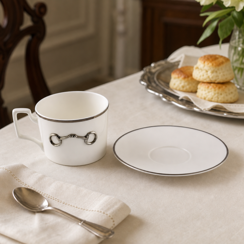 Pewter Bit Bone China Cup and Saucer Platinum Rim