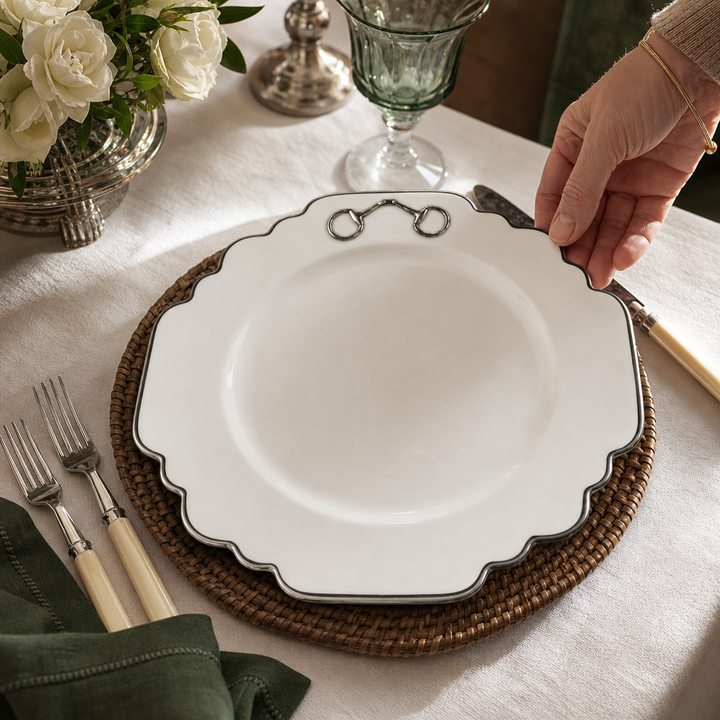Pewter Bit Bone China Scallop Dinner Plate Platinum Rim