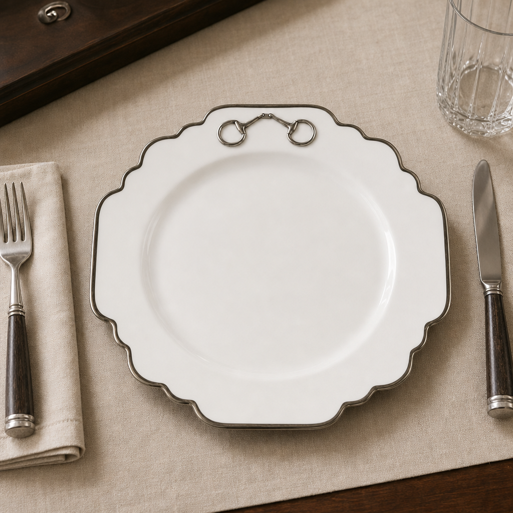 Pewter Bit Bone China Scallop Dinner Plate Platinum Rim