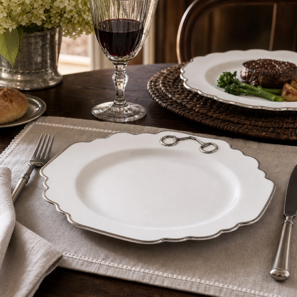 Pewter Bit Bone China Scallop Dinner Plate Platinum Rim