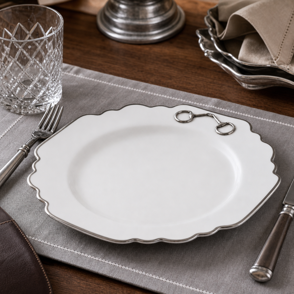 Pewter Bit Bone China Scallop Dinner Plate Platinum Rim