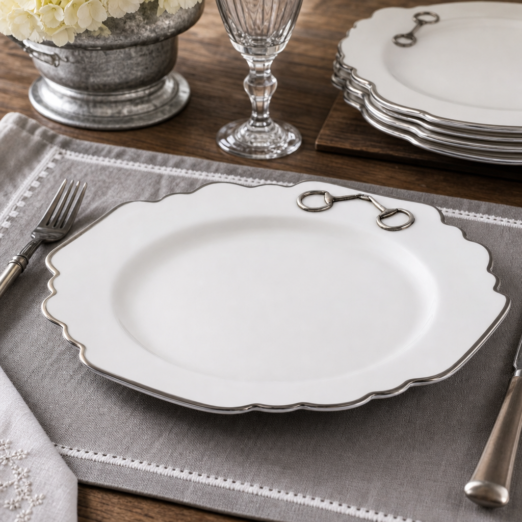 Pewter Bit Bone China Scallop Dinner Plate Platinum Rim
