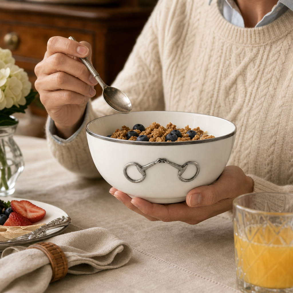 Pewter Bit Bone China Round Cereal Bowl Platinum Rim