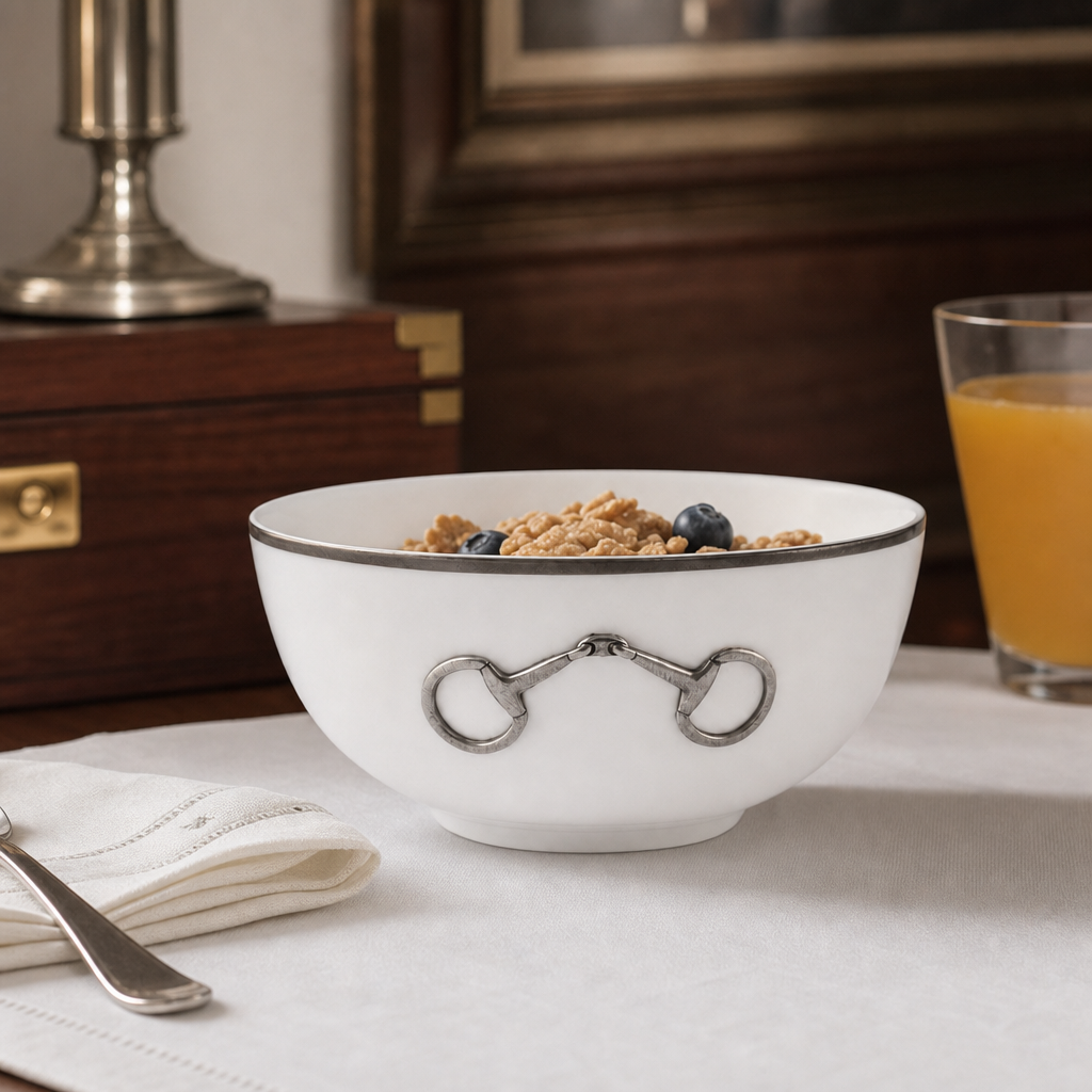 Pewter Bit Bone China Round Cereal Bowl Platinum Rim