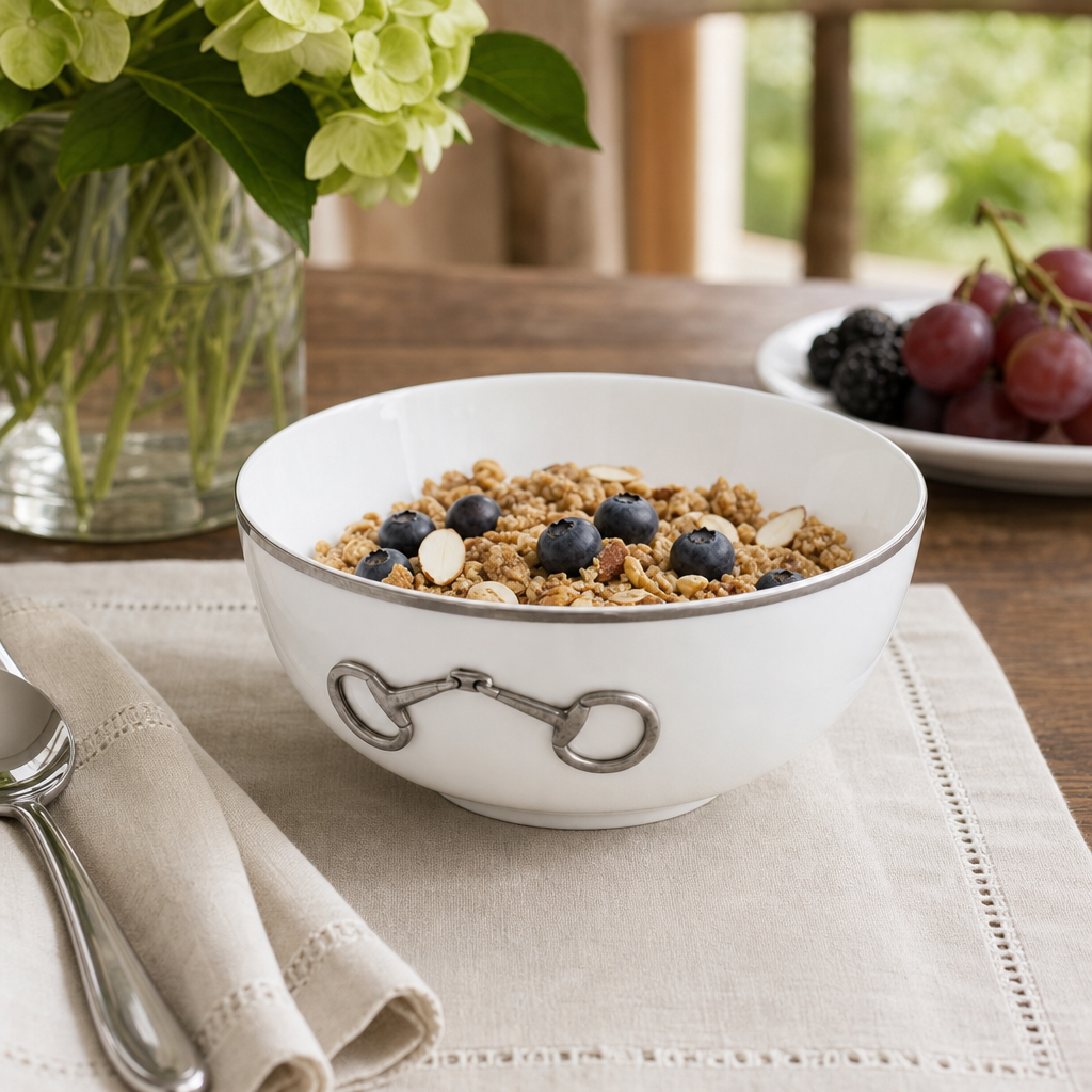 Pewter Bit Bone China Round Cereal Bowl Platinum Rim