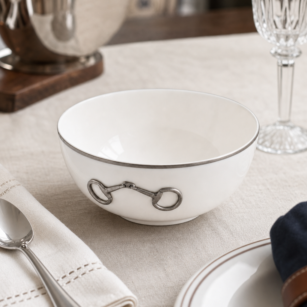 Pewter Bit Bone China Round Cereal Bowl Platinum Rim