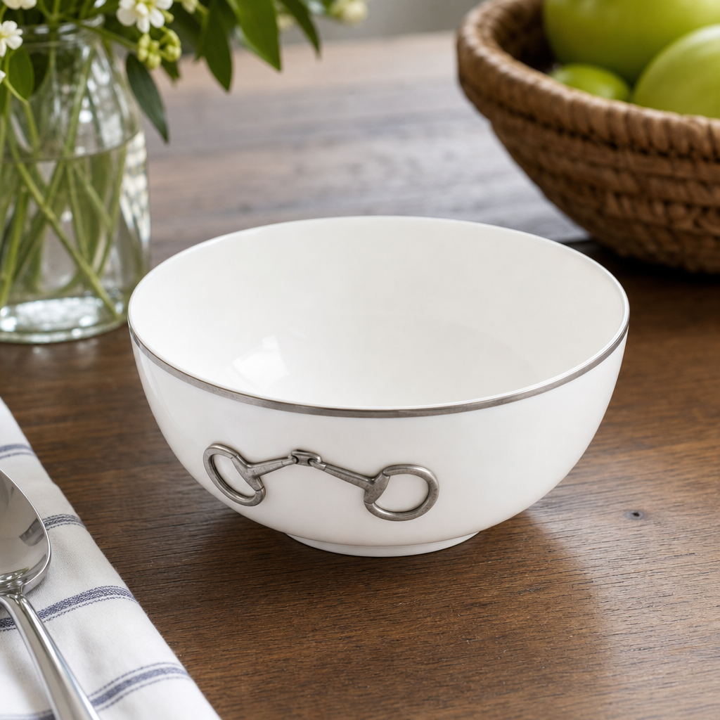 Pewter Bit Bone China Round Cereal Bowl Platinum Rim