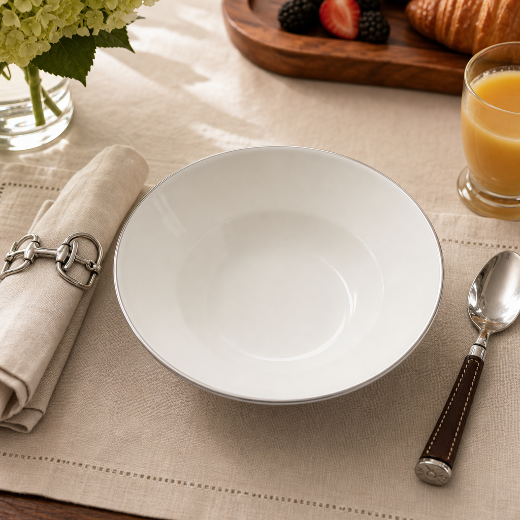 Pewter Bit Bone China Round Cereal Bowl Platinum Rim