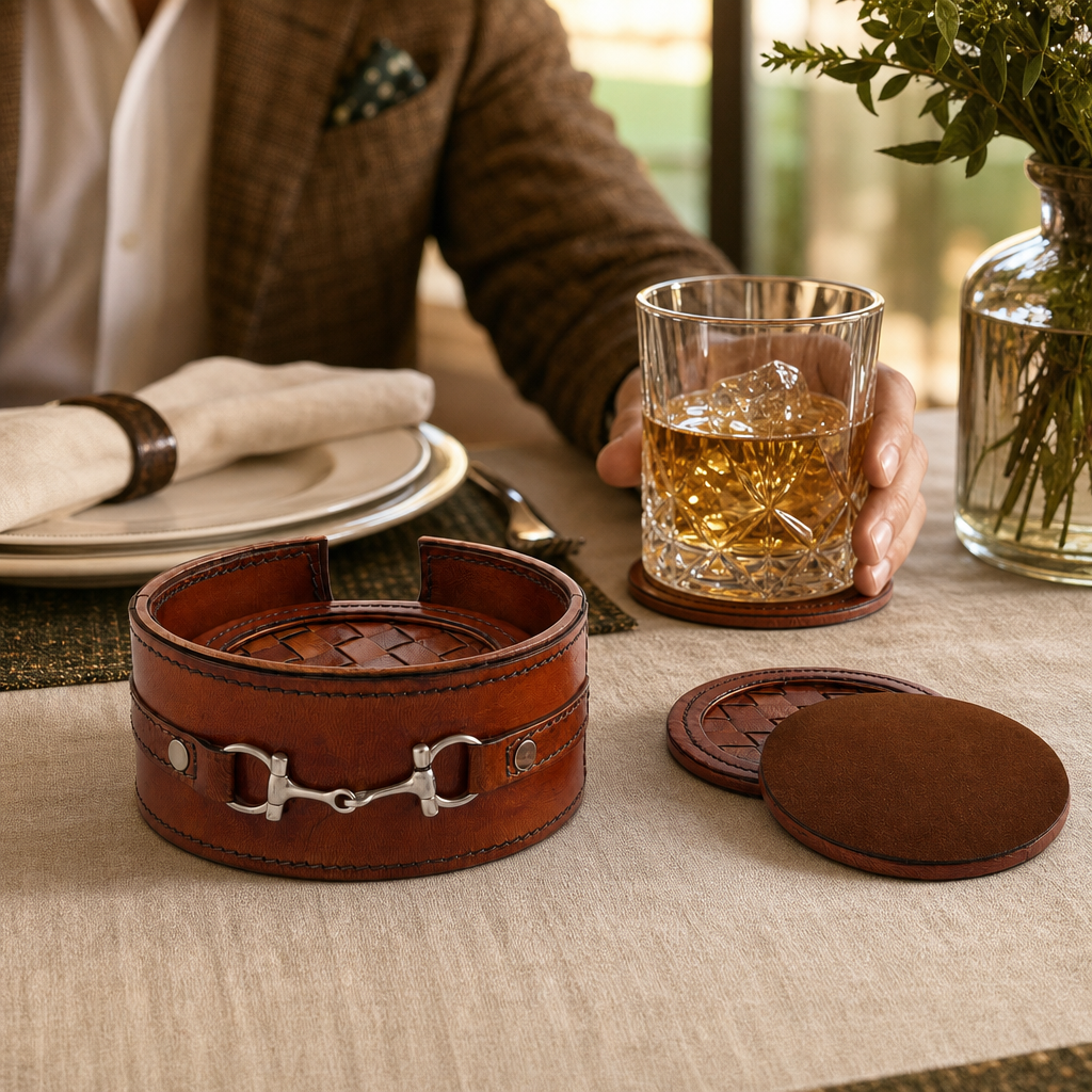 Premium Genuine Leather Coaster Set Bit - Set of 6
