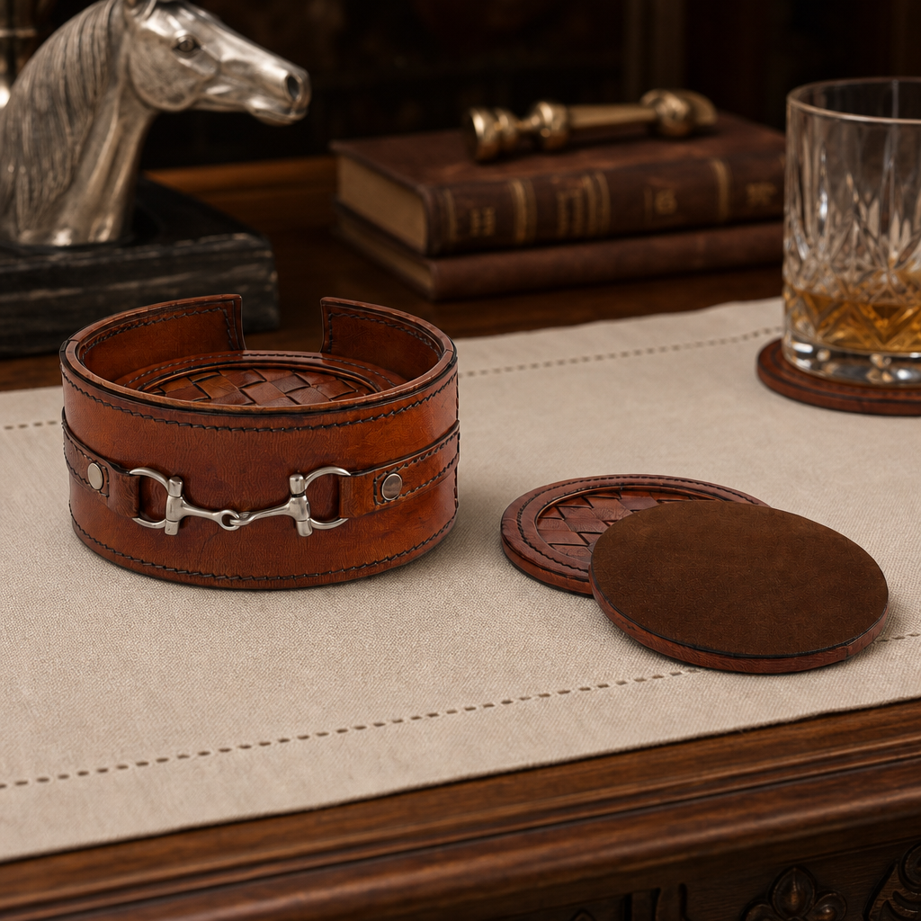 Premium Genuine Leather Coaster Set Bit - Set of 6