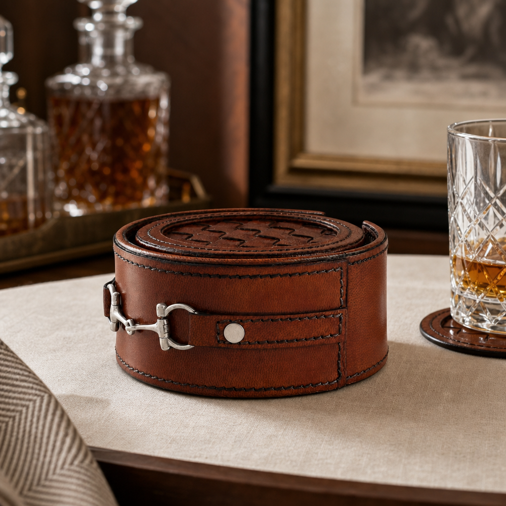 Premium Genuine Leather Coaster Set Bit - Set of 6