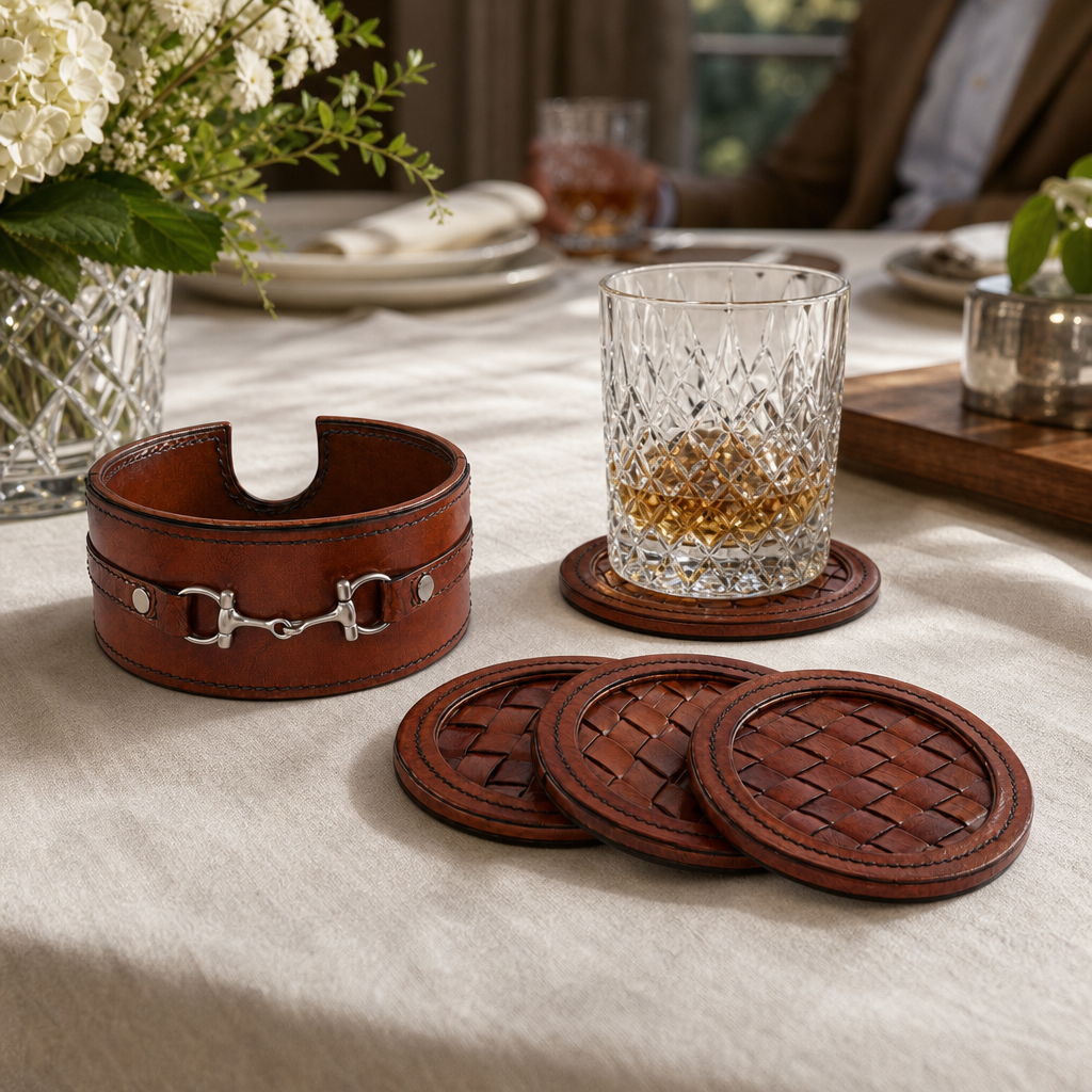 Premium Genuine Leather Coaster Set Bit - Set of 6