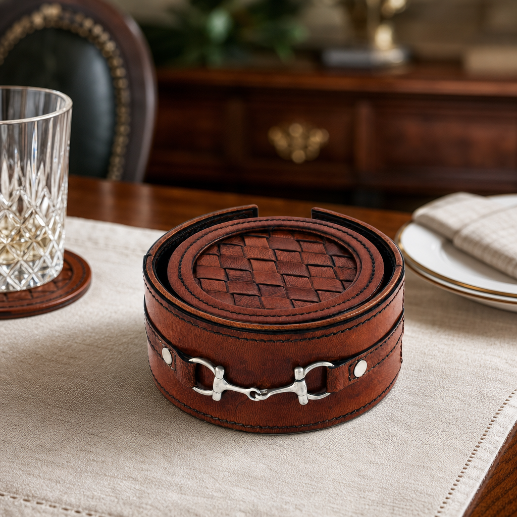 Premium Genuine Leather Coaster Set Bit - Set of 6