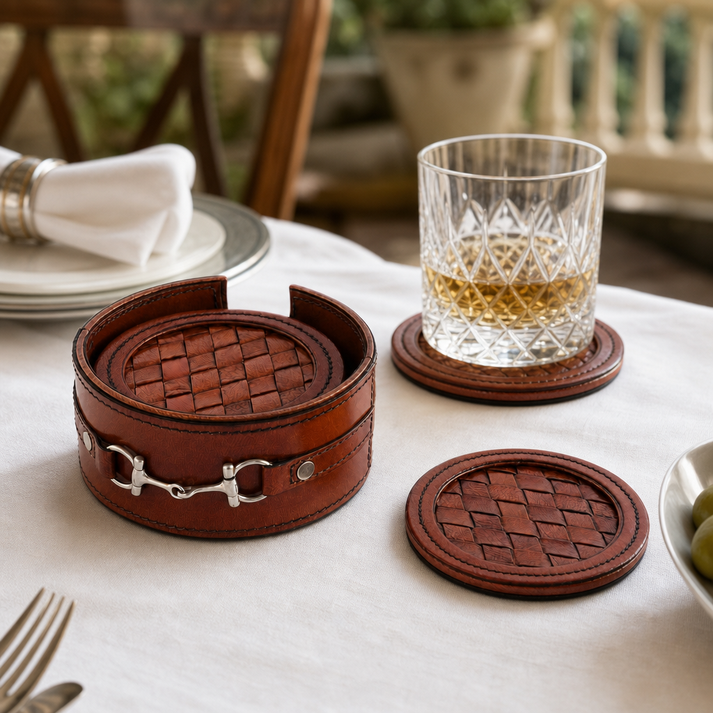 Premium Genuine Leather Coaster Set Bit - Set of 6