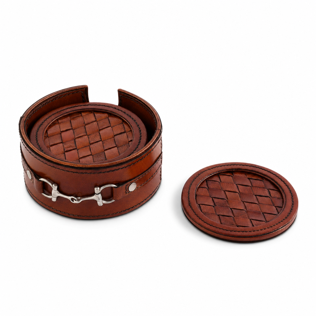 Premium Genuine Leather Coaster Set Bit - Set of 6