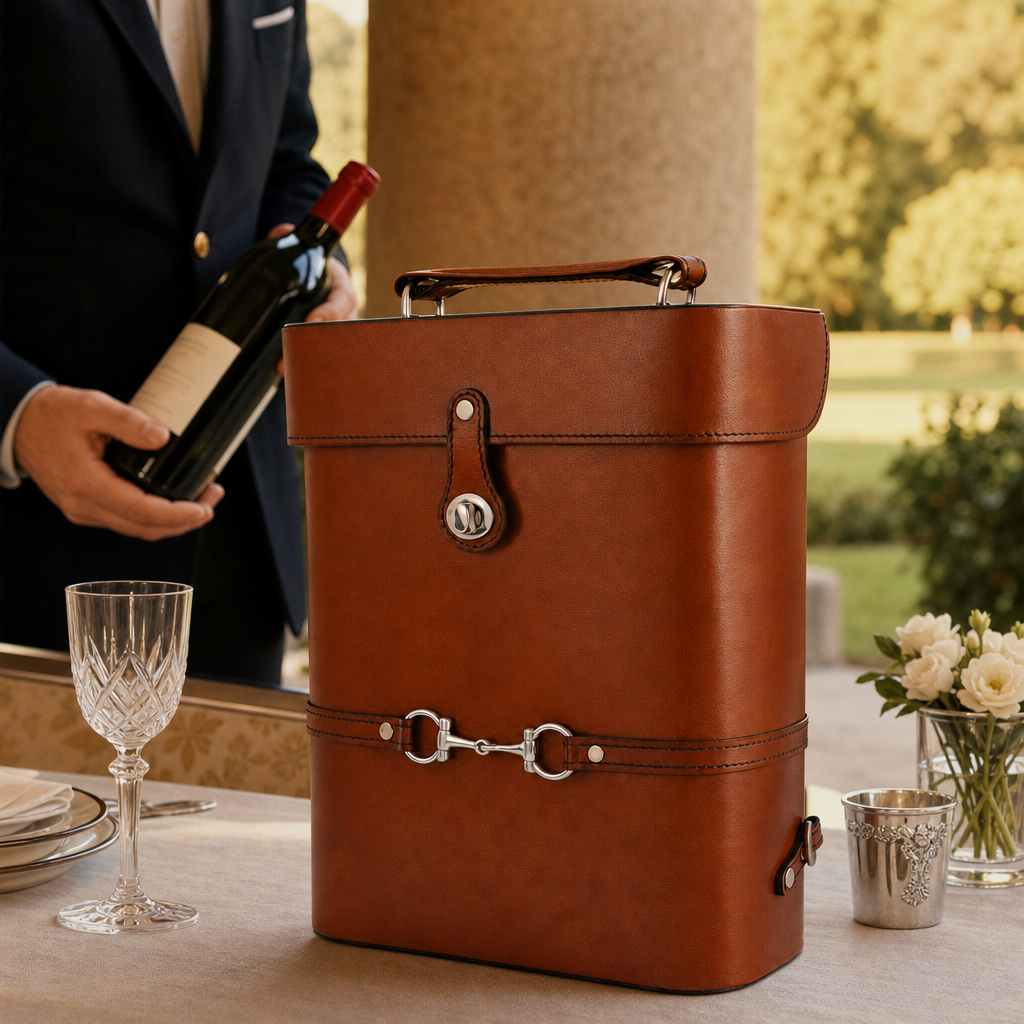 Premium Genuine Leather Double Wine Bottle Carrier / Tote with Bit Design