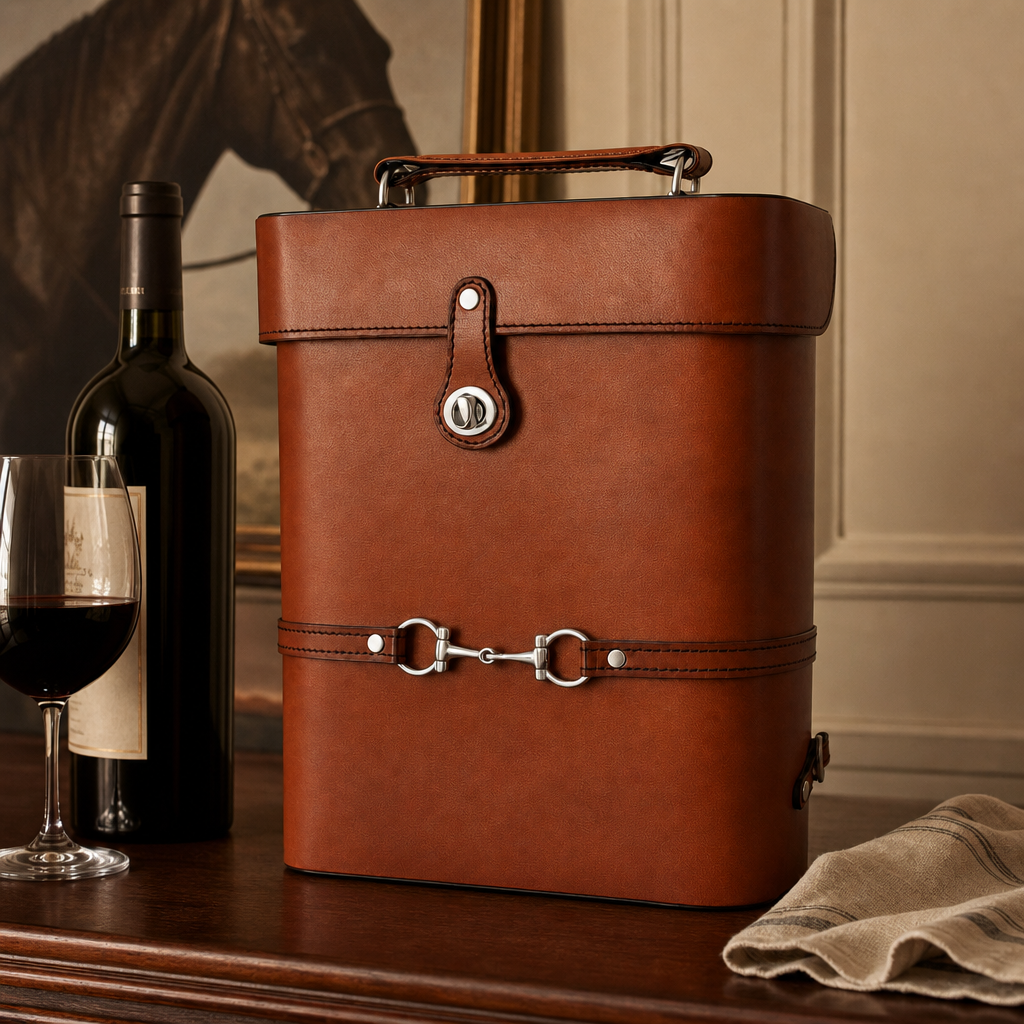 Premium Genuine Leather Double Wine Bottle Carrier / Tote with Bit Design