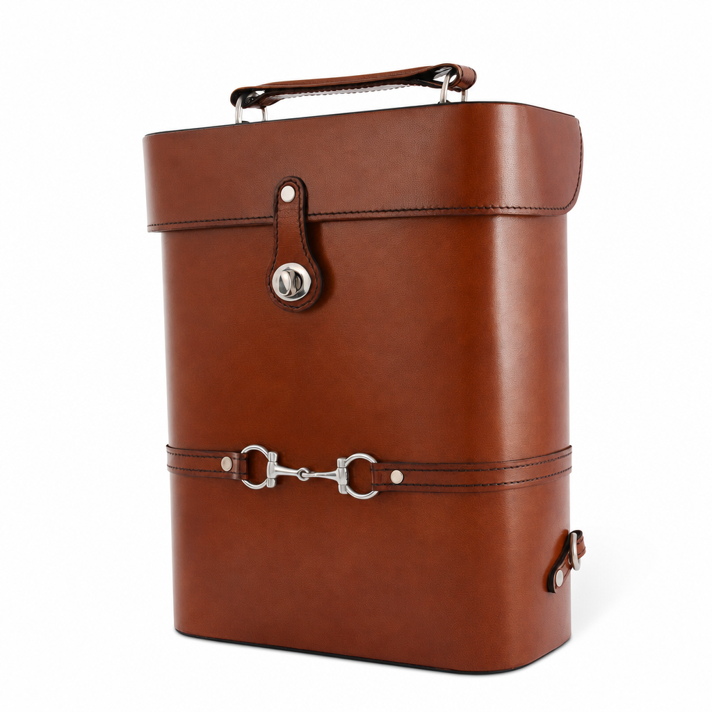 Premium Genuine Leather Double Wine Bottle Carrier / Tote with Bit Design