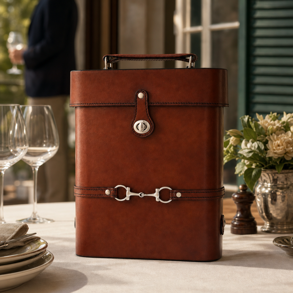 Premium Genuine Leather Double Wine Bottle Carrier / Tote with Bit Design