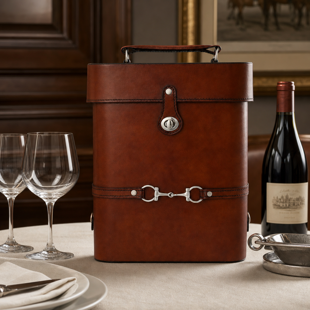 Premium Genuine Leather Double Wine Bottle Carrier / Tote with Bit Design
