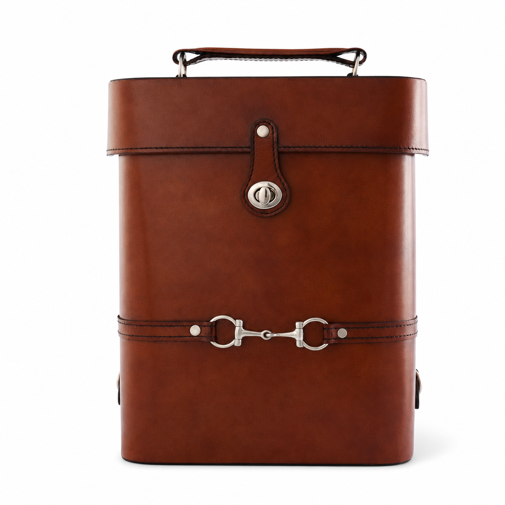 Premium Genuine Leather Double Wine Bottle Carrier / Tote with Bit Design