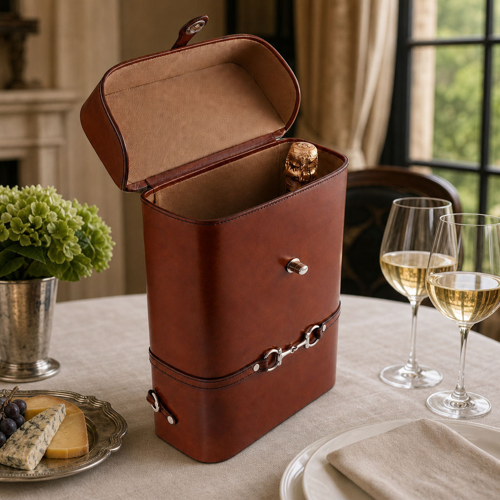 Premium Genuine Leather Double Wine Bottle Carrier / Tote with Bit Design