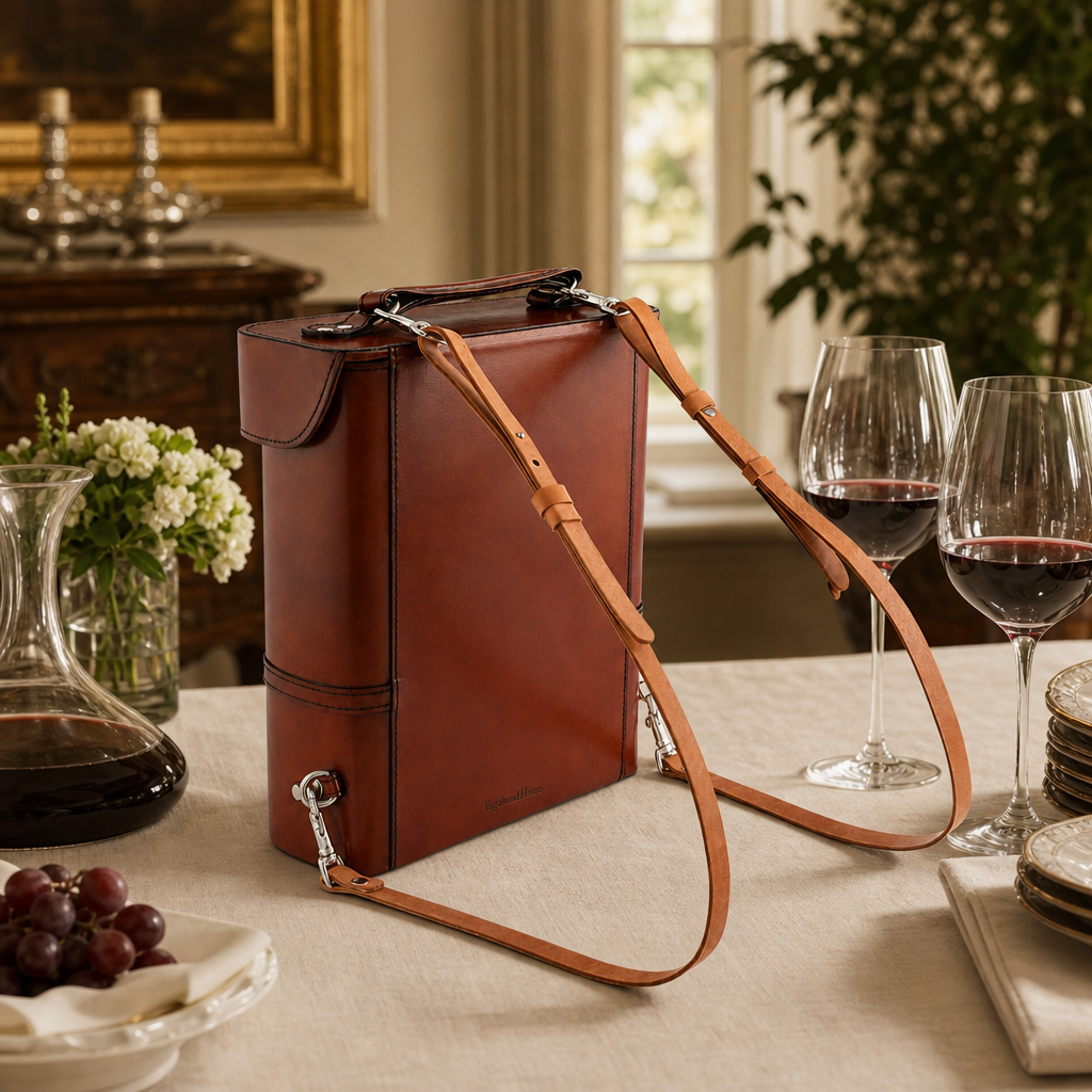 Premium Genuine Leather Double Wine Bottle Carrier / Tote with Bit Design