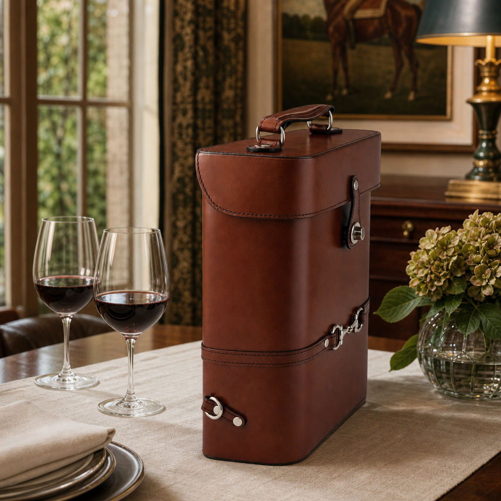 Premium Genuine Leather Double Wine Bottle Carrier / Tote with Bit Design